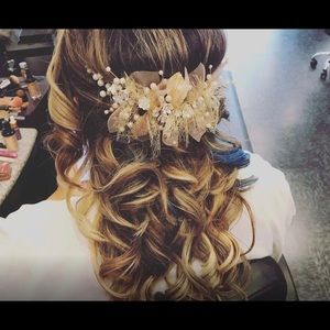 Wedding hair piece with gold and blush accents
